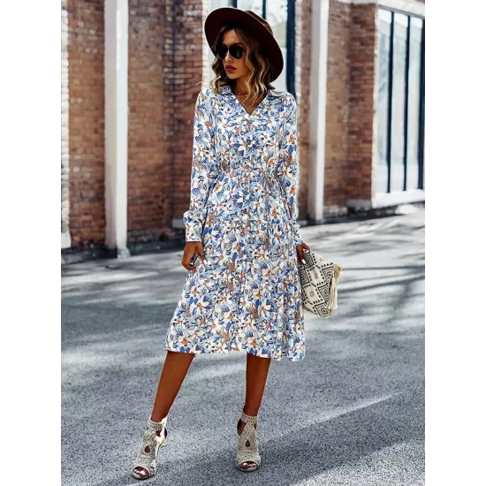 Bohemia Long Sleeves Floral Printed V-Neck Dress Bohemia Long Sleeves Floral Printed V-Neck Dress