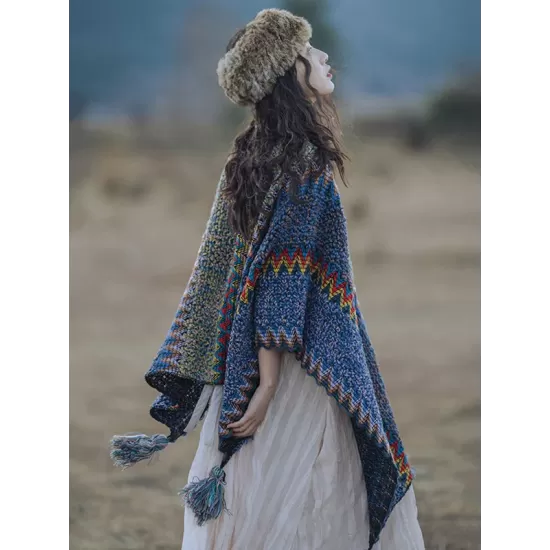 Casual Loose Tasseled Patchwork Shawl&Cloak Casual Loose Tasseled Patchwork Shawl&Cloak