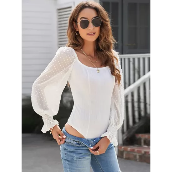 Casual Loose Mesh Solid Color U-Neck Bodysuit Casual Loose Mesh Solid Color U-Neck Bodysuit