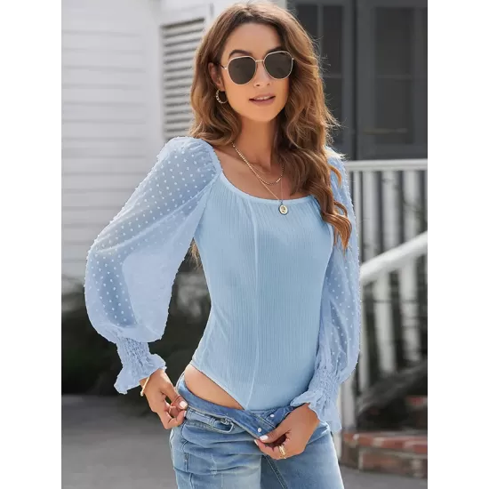 Casual Loose Mesh Solid Color U-Neck Bodysuit Casual Loose Mesh Solid Color U-Neck Bodysuit