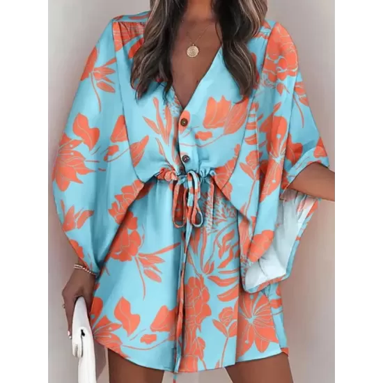Original Loose Floral Printed Contrast Color Tied Mini Shirt Dress Original Loose Floral Printed Contrast Color Tied Mini Shirt Dress