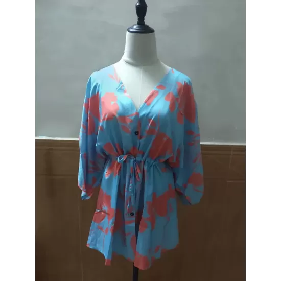 Original Loose Floral Printed Contrast Color Tied Mini Shirt Dress Original Loose Floral Printed Contrast Color Tied Mini Shirt Dress