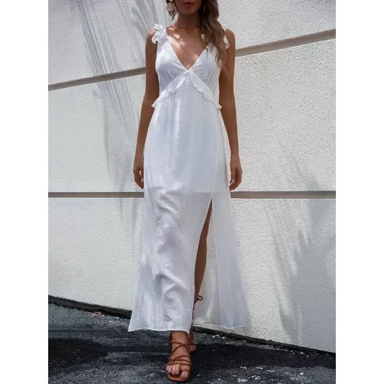 Casual White V-Neck Backless Bow Slit Dress Casual White V-Neck Backless Bow Slit Dress