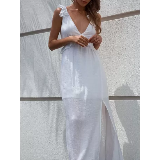 Casual White V-Neck Backless Bow Slit Dress Casual White V-Neck Backless Bow Slit Dress