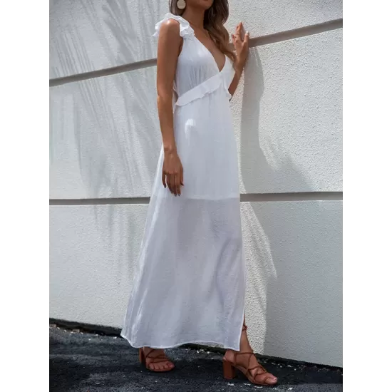 Casual White V-Neck Backless Bow Slit Dress Casual White V-Neck Backless Bow Slit Dress