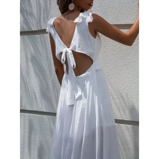 Casual White V-Neck Backless Bow Slit Dress Casual White V-Neck Backless Bow Slit Dress