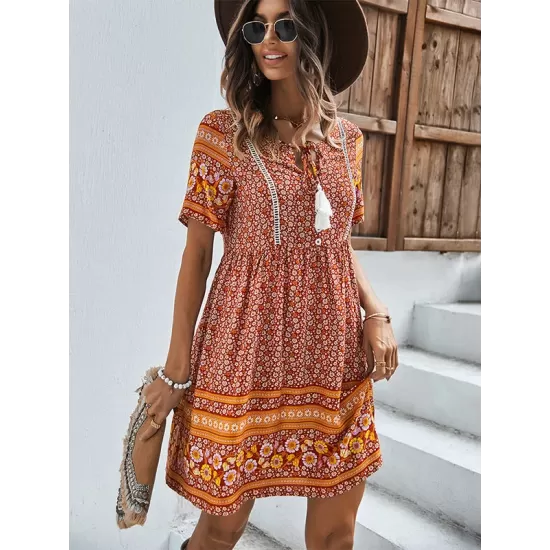 Casual A-Line Floral Printed Round-Neck Dress Casual A-Line Floral Printed Round-Neck Dress