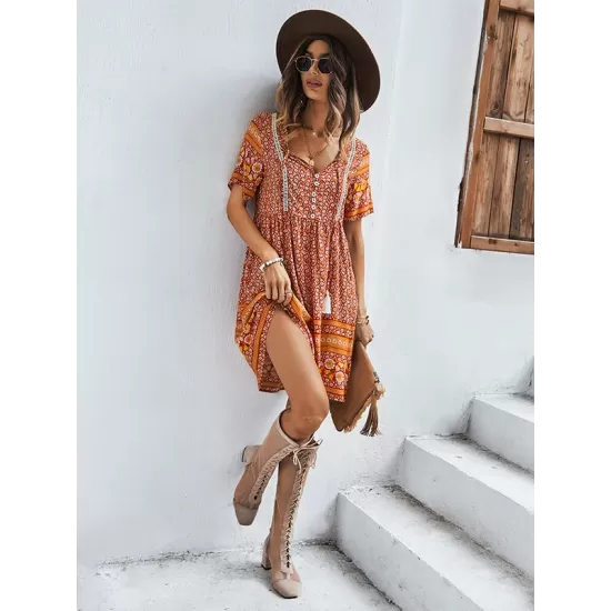 Casual A-Line Floral Printed Round-Neck Dress Casual A-Line Floral Printed Round-Neck Dress