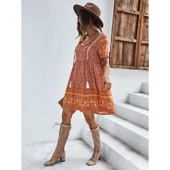 Casual A-Line Floral Printed Round-Neck Dress Casual A-Line Floral Printed Round-Neck Dress