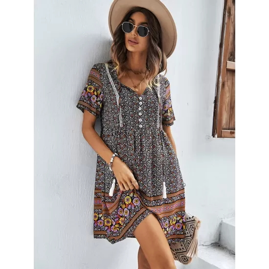 Casual A-Line Floral Printed Round-Neck Dress Casual A-Line Floral Printed Round-Neck Dress