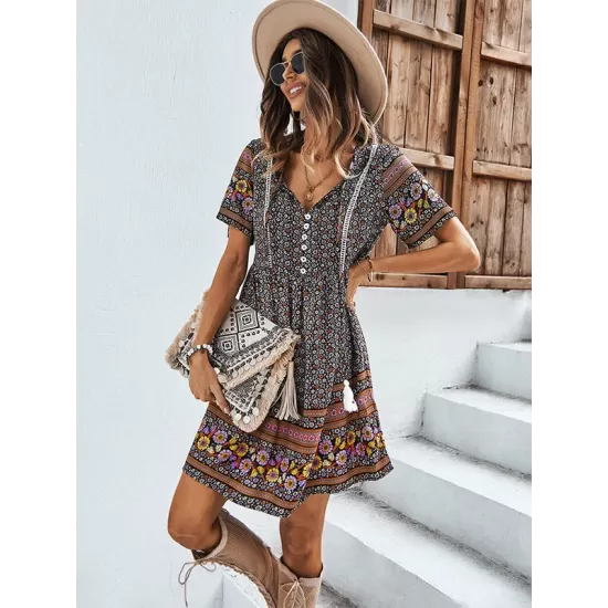 Casual A-Line Floral Printed Round-Neck Dress Casual A-Line Floral Printed Round-Neck Dress