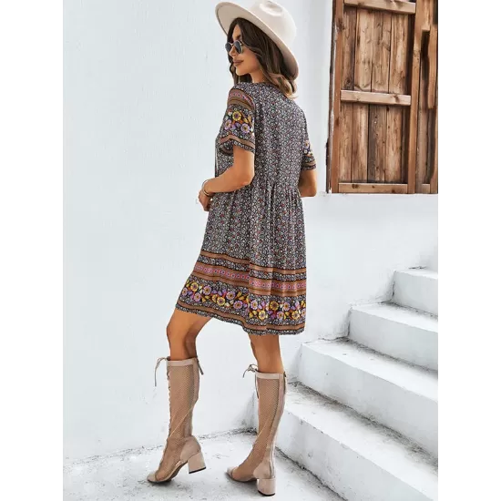 Casual A-Line Floral Printed Round-Neck Dress Casual A-Line Floral Printed Round-Neck Dress