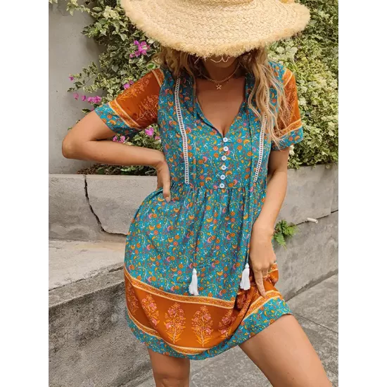 Casual A-Line Floral Printed Round-Neck Dress Casual A-Line Floral Printed Round-Neck Dress