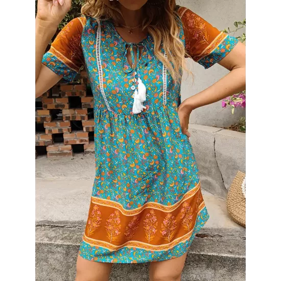 Casual A-Line Floral Printed Round-Neck Dress Casual A-Line Floral Printed Round-Neck Dress