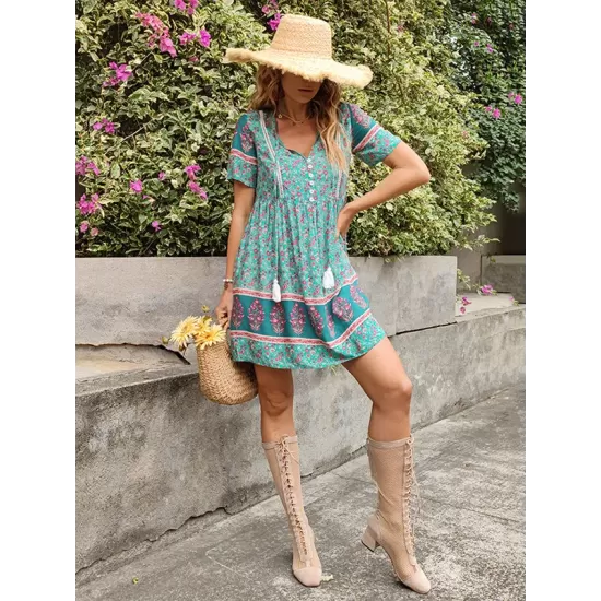 Casual A-Line Floral Printed Round-Neck Dress Casual A-Line Floral Printed Round-Neck Dress