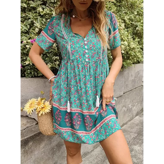 Casual A-Line Floral Printed Round-Neck Dress Casual A-Line Floral Printed Round-Neck Dress