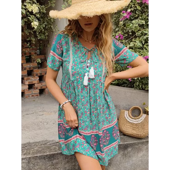 Casual A-Line Floral Printed Round-Neck Dress Casual A-Line Floral Printed Round-Neck Dress
