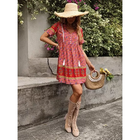 Casual A-Line Floral Printed Round-Neck Dress Casual A-Line Floral Printed Round-Neck Dress
