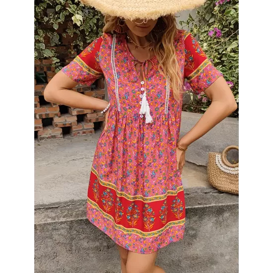 Casual A-Line Floral Printed Round-Neck Dress Casual A-Line Floral Printed Round-Neck Dress