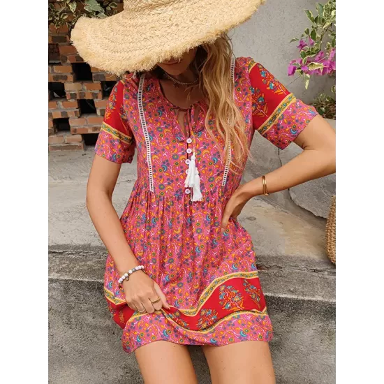 Casual A-Line Floral Printed Round-Neck Dress Casual A-Line Floral Printed Round-Neck Dress