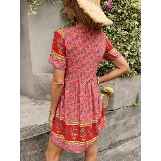 Casual A-Line Floral Printed Round-Neck Dress Casual A-Line Floral Printed Round-Neck Dress