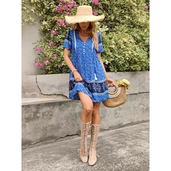 Casual A-Line Floral Printed Round-Neck Dress Casual A-Line Floral Printed Round-Neck Dress