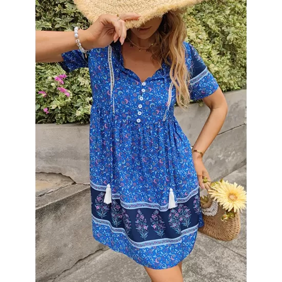 Casual A-Line Floral Printed Round-Neck Dress Casual A-Line Floral Printed Round-Neck Dress