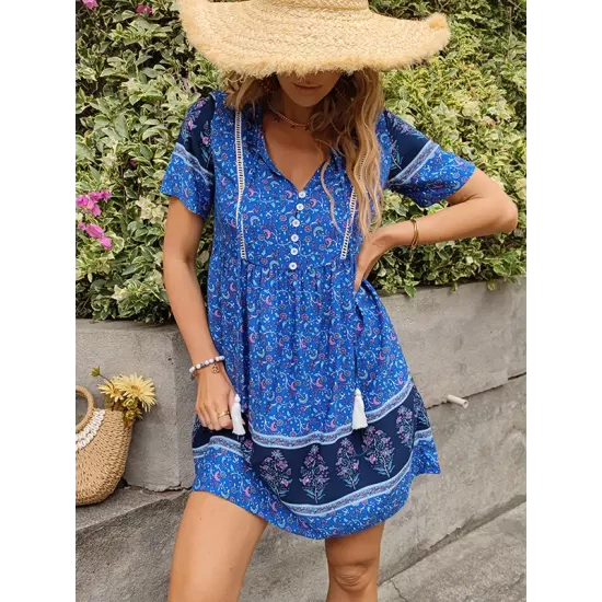 Casual A-Line Floral Printed Round-Neck Dress Casual A-Line Floral Printed Round-Neck Dress