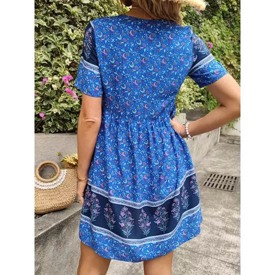 Casual A-Line Floral Printed Round-Neck Dress Casual A-Line Floral Printed Round-Neck Dress