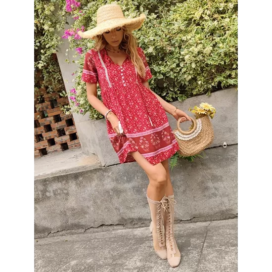 Casual A-Line Floral Printed Round-Neck Dress Casual A-Line Floral Printed Round-Neck Dress
