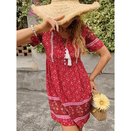 Casual A-Line Floral Printed Round-Neck Dress Casual A-Line Floral Printed Round-Neck Dress