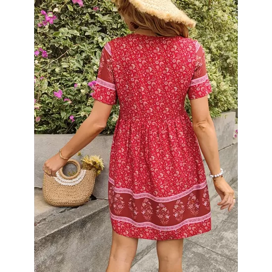 Casual A-Line Floral Printed Round-Neck Dress Casual A-Line Floral Printed Round-Neck Dress