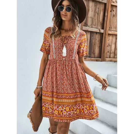 Casual A-Line Floral Printed Round-Neck Dress Casual A-Line Floral Printed Round-Neck Dress