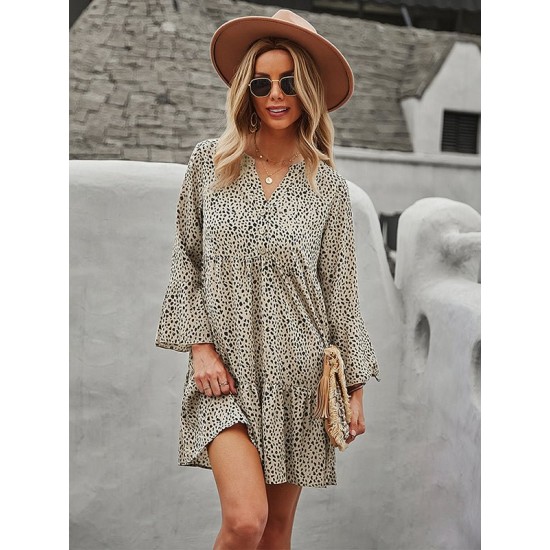 V-Neck Polka Dot Long Flare Sleeves Mini Dress V-Neck Polka Dot Long Flare Sleeves Mini Dress