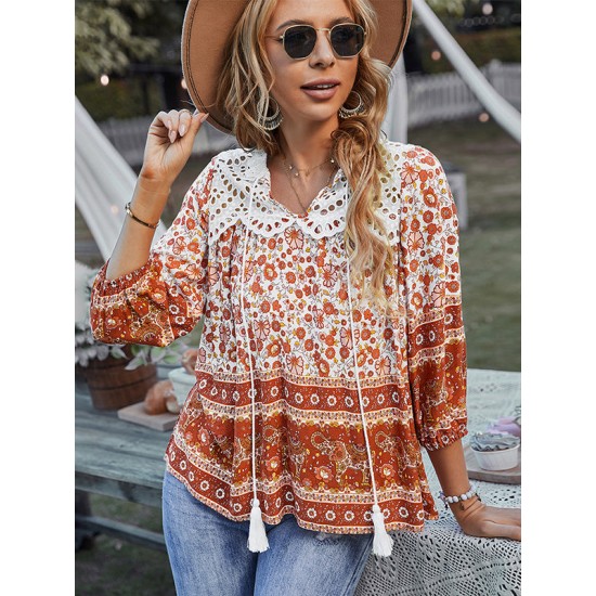 Peter Pan Neckline Bohemian Floral Blouse Peter Pan Neckline Bohemian Floral Blouse