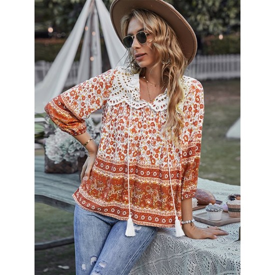 Peter Pan Neckline Bohemian Floral Blouse Peter Pan Neckline Bohemian Floral Blouse