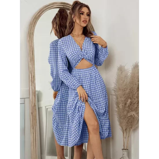 Vacation A-Line Plaid Hollow Midi Dresses Vacation A-Line Plaid Hollow Midi Dresses