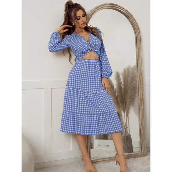 Vacation A-Line Plaid Hollow Midi Dresses Vacation A-Line Plaid Hollow Midi Dresses