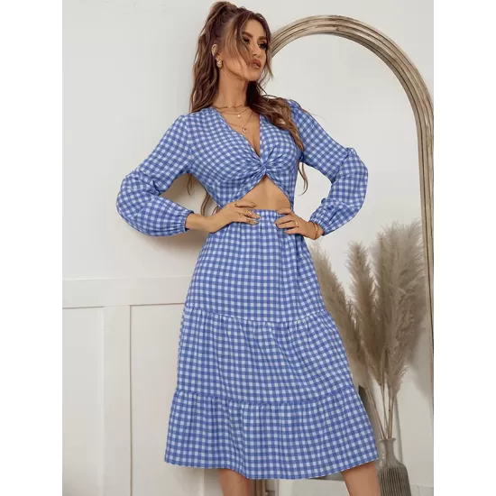 Vacation A-Line Plaid Hollow Midi Dresses Vacation A-Line Plaid Hollow Midi Dresses