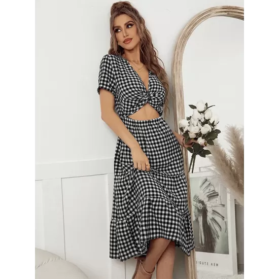 Vacation A-Line Plaid Hollow Midi Dresses Vacation A-Line Plaid Hollow Midi Dresses