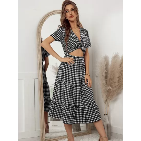 Vacation A-Line Plaid Hollow Midi Dresses Vacation A-Line Plaid Hollow Midi Dresses