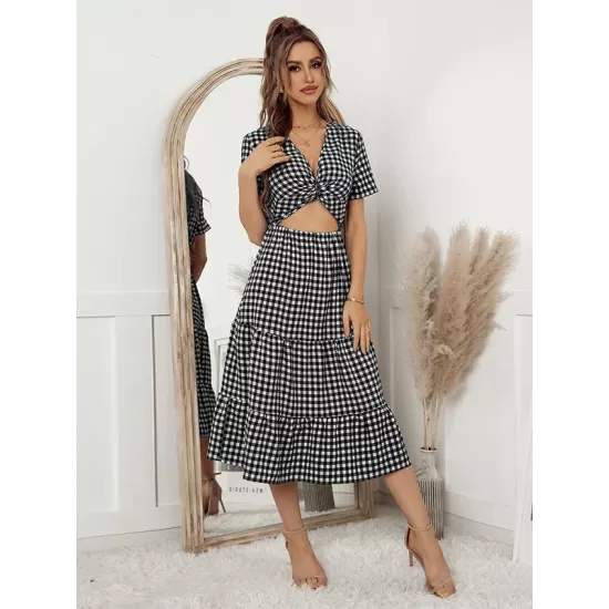 Vacation A-Line Plaid Hollow Midi Dresses Vacation A-Line Plaid Hollow Midi Dresses