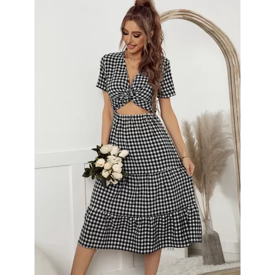 Vacation A-Line Plaid Hollow Midi Dresses Vacation A-Line Plaid Hollow Midi Dresses