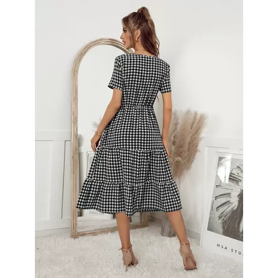 Vacation A-Line Plaid Hollow Midi Dresses Vacation A-Line Plaid Hollow Midi Dresses
