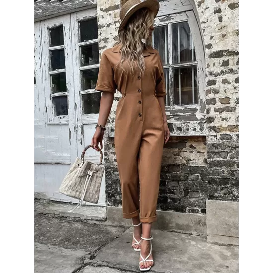 Casual Buckle Solid Color Polo Jumpsuit Casual Buckle Solid Color Polo Jumpsuit