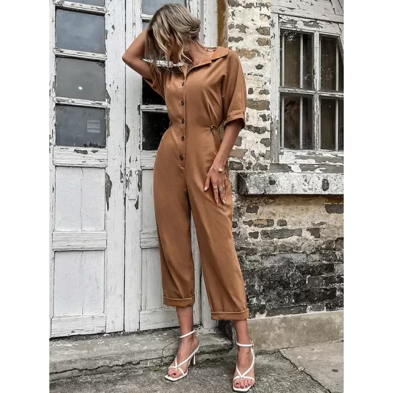 Casual Buckle Solid Color Polo Jumpsuit Casual Buckle Solid Color Polo Jumpsuit
