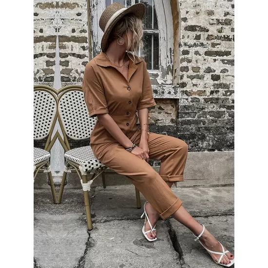 Casual Buckle Solid Color Polo Jumpsuit Casual Buckle Solid Color Polo Jumpsuit