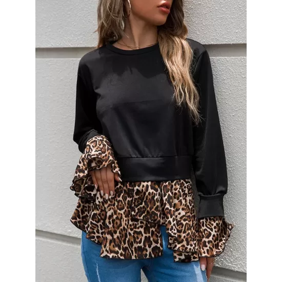 Casual Loose Leopard Patchwork Round-Neck T-Shirt Casual Loose Leopard Patchwork Round-Neck T-Shirt