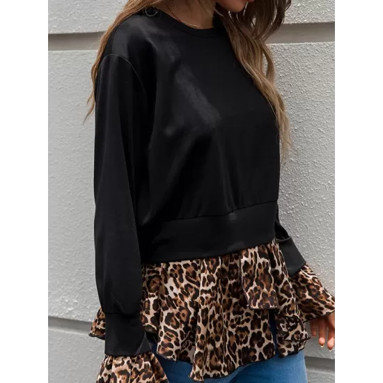 Casual Loose Leopard Patchwork Round-Neck T-Shirt Casual Loose Leopard Patchwork Round-Neck T-Shirt