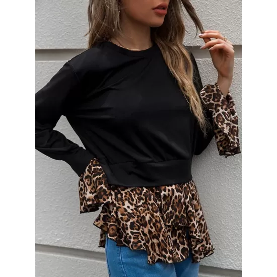 Casual Loose Leopard Patchwork Round-Neck T-Shirt Casual Loose Leopard Patchwork Round-Neck T-Shirt